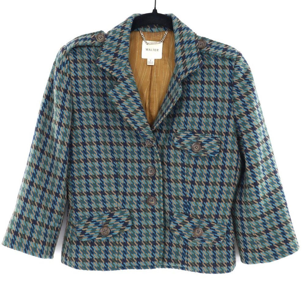 Walter Houndstooth Wool Tweed Blazer Womens 2 Blue Academia Blair Waldorf Preppy